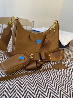 Brown Nylon Shoulder Handbag with Detachable Pouch